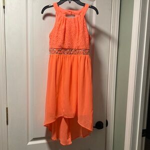 Girls Coral High-Low Lace & Chiffon Dress with jeweled Waist